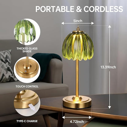 Tulip Table Lamp with 5000mAh Battery & Touch Control, Small Cordless Table Lamp with 3 Colors, Dimmable Rechargeable Battery Operated Table Lamps for Bedroom, Bedside, Desk (Green Tulip)