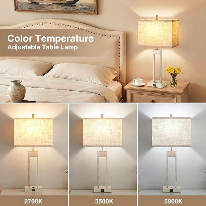 GyroVu 25.5" Nightstand Table Lamps for Bedrooms Set of 2, Bedside Lamp with USB C+A, Colors Changeable Living Room Lamp, Modern Night Stand Lamps for Bed Side Guest Room Reading, Antique White