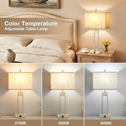 GyroVu 25.5" Nightstand Table Lamps for Bedrooms Set of 2, Bedside Lamp with USB C+A, Colors Changeable Living Room Lamp, Modern Night Stand Lamps for Bed Side Guest Room Reading, Antique White