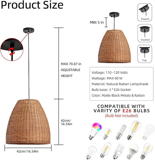 3-Light Dark Curry Rattan Pendant Light,16.54" Rustic Hanging Light,Brown Wicker Pendant Light Hand-Woven Rattan Chandelier for Workplace Restaurants Dining Living Kitchen Farmhouse