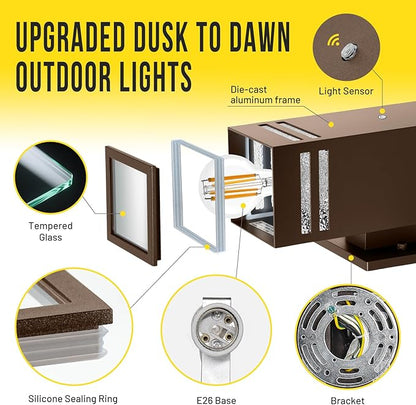 2-Pack Bronze Dusk to Dawn Outdoor Lights, Wall Light Wtih LED Bulbs, Modern Up Down Lights Outdoor, IP65 Waterproof Exterior Lighting Fixtures, Outside Lights for House for Porch, Garage