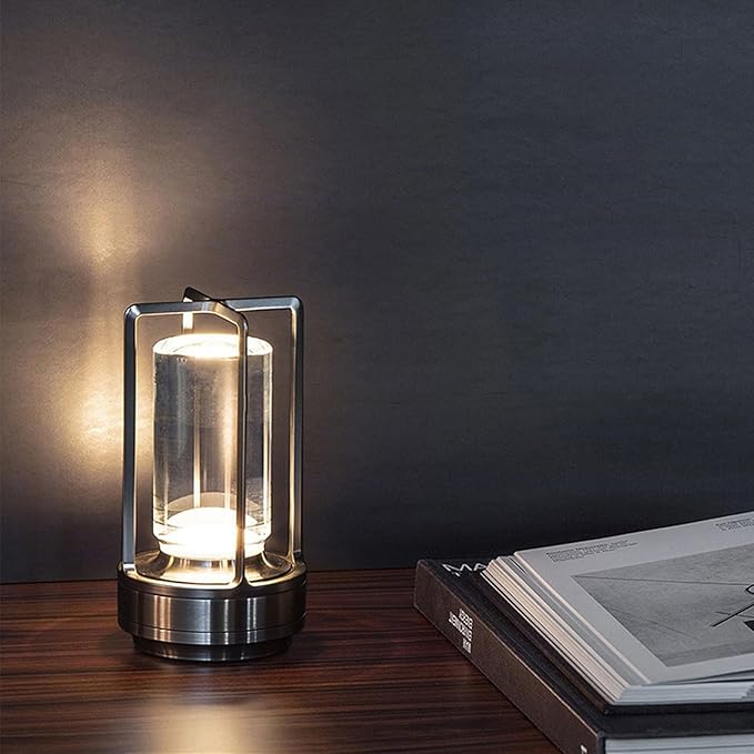 Cordless Table Lamp for Outdoor Indoor, Portable Rechargeable Battery Powered LED Crystal Lantern Lamp, 3 Color Touch Control Stepless Dimming, Small Desk Light for Restaurant Home (Black)