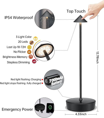 Cordless Led Table Desk Lamp 2 Pack, 7000mAh Battery Outdoor Table Light Waterproof for Restaurant Patio Camping Home Decor, USB-A Output, Brightness Memory, Dimmable