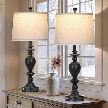 28" Tall Farmhouse Bedside Lamp Set of 2,Black Vintage Bedside Lamps with USB C+A Ports & AC Outlet,3-Way Dimmable Touch Lamp for Night Stands Living Room Bedroom,Black-2