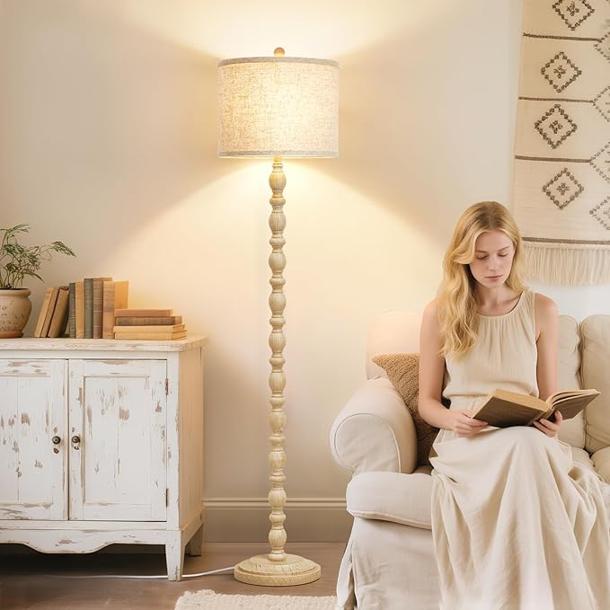 62" Floor Lamps for Living Room, Adjustable Color Temperature Standing Lamp, Vintage Farmhouse Floor Lamp with Rotary Switch, Rustic Resin Tall Lamps for Living Room, Bedroom, Office, Corner (Cream)