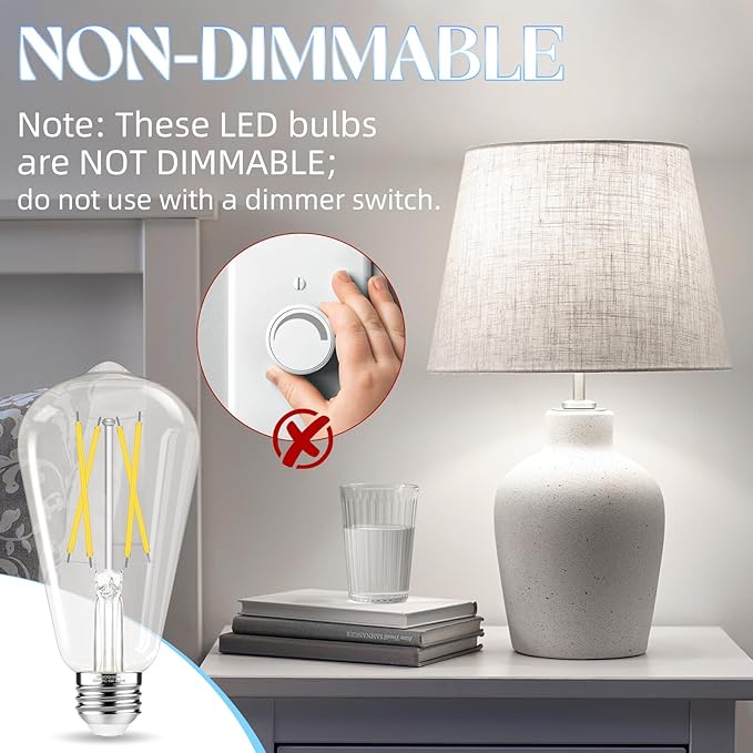 Edison Bulbs, E26 LED Bulb 60 watt Equivalent, Non-Dimmable, Cool White 4000K, ST58 Vintage Light Bulbs, 90+ CRI, 6W, 600LM, E26 Medium Base, Clear Glass, 12 Pack