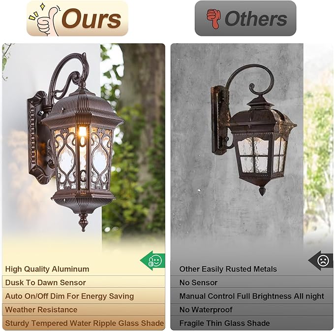21" H Oil-Rubbed Bronze Outdoor Wall Light Large Size Dusk to Dawn Exterior Wall Lantern Fixture, Dark Brown Rustic Porch Lamp with Water Glass Waterproof Outside Wall Sconce for House Garage