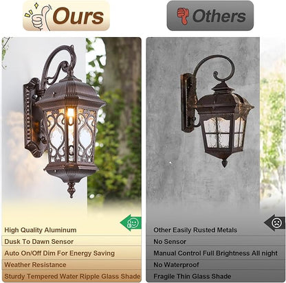 21" H Oil-Rubbed Bronze Outdoor Wall Light Large Size Dusk to Dawn Exterior Wall Lantern Fixture, Dark Brown Rustic Porch Lamp with Water Glass Waterproof Outside Wall Sconce for House Garage