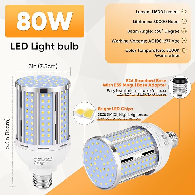 80W LED Corn Light Bulb(2 Pack),(800 Watt Equivalent) Fanless E26/E39 Medium/Large Mogul Base LED Cob Lamp 5000K Daylight 11,600LM for Outdoor Indoor Garage Warehouse Factory Workshop Street Backyard