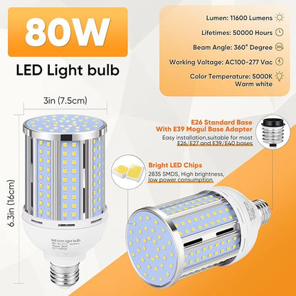 80W LED Corn Light Bulb(2 Pack),(800 Watt Equivalent) Fanless E26/E39 Medium/Large Mogul Base LED Cob Lamp 5000K Daylight 11,600LM for Outdoor Indoor Garage Warehouse Factory Workshop Street Backyard