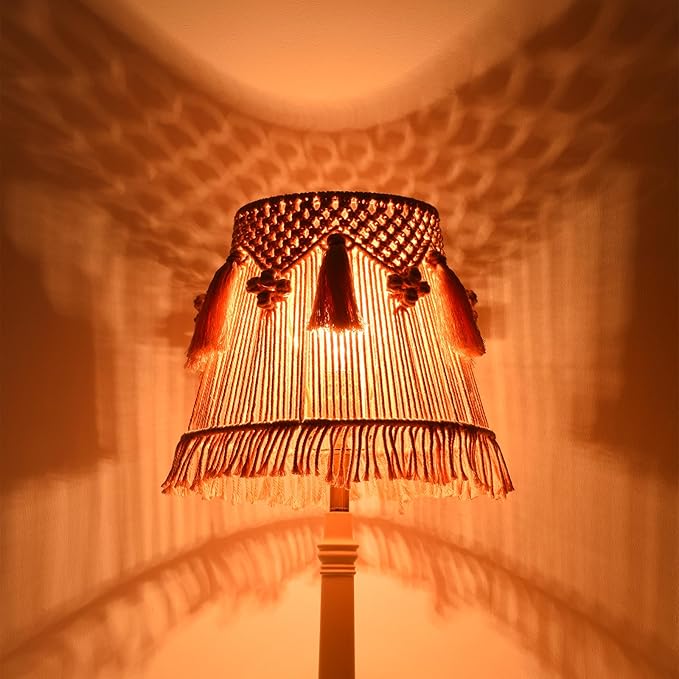 Pink Boho Woven Lamp Shade Bell Tassels Lampshade 7.5``Top x 12``Bottom x 11``High(Spider) Medium Handmade Lamp Shades for Table & Bedside Lamp - Easy Assemble