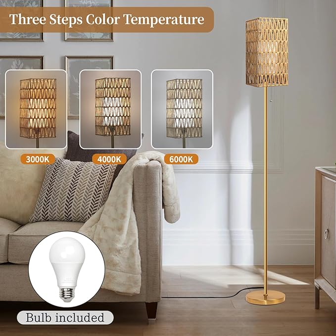 Floor Lamp for Living Room,Farmhouse Floor lamp,Modern Standing lamp with Hand-Worked Rattan Shade (Square Rattan Shade Body Gold Color-3 Color Bulb)