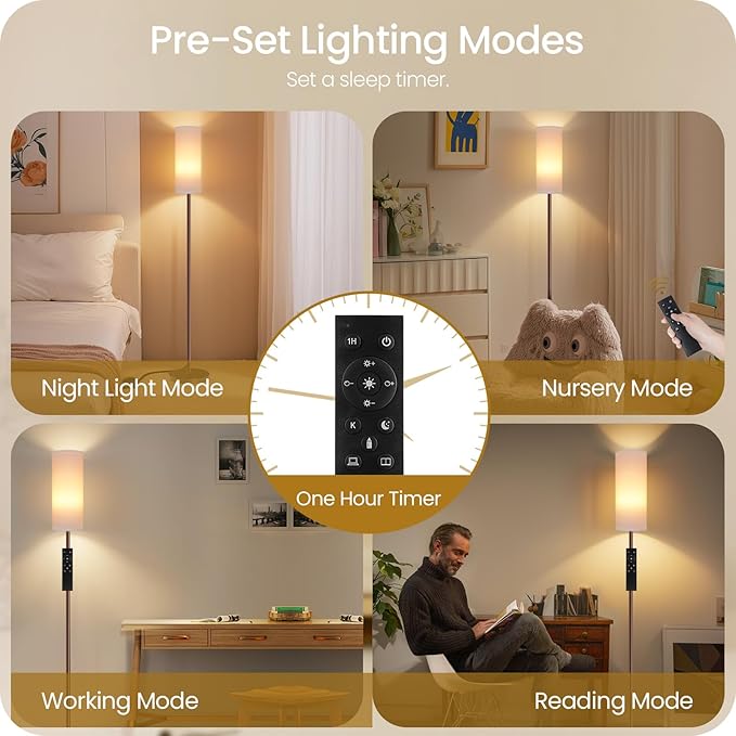 Dimmable Floor Lamps for Living Room with Remote and Foot Switch, 64.4” Modern Standing Tall Lamp, Corner Lamp for Bedroom, Bulb Included, 3000K-6500K, White and Brown VCW06LD05W1