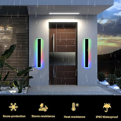 BONLICHT 1 Pack Long Outdoor RGB Wall Light Black Modern LED Exterior Wall Sconce 32In IP65 Waterproof Linear Exterior Wall Mount Lighting for House Porch Courtyard Garage (Remote Control Included)