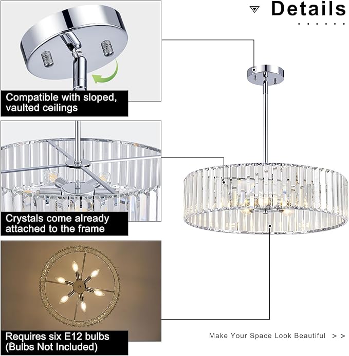 Crystal Chrome Semi Flush Mount Ceiling Light Modern Hallway Light Fixture Metal Close to Lamp for Kitchen Living Room Bathroom Entryway Bedroom(19.68 inch)