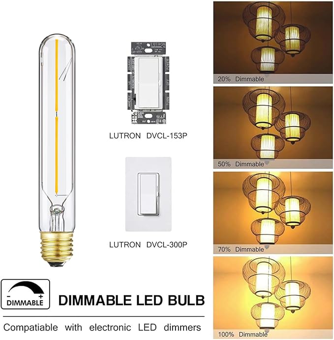 T10 Led Long Bulbs,4W Dimmable Tubular Bulb,40 Watt Equivalent,2700K Warm White,400LM,120V,E26 Edison Style Vintage LED Filament Light Bulb,7.3in,4Pack(4w-2700k)