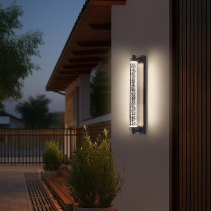 Black Outdoor Wall Sconce, 23.6inch Bubble Crystal Modern Wall Mounted Lights, 3000K-6500K Dimmable Waterproof LED Exterior Lamp Lighting for Porch, Garage, Patio, Living Room, Indoor