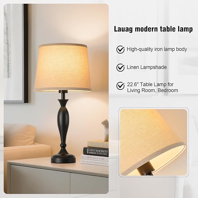 22.6" Table Lamp, 2Pcs Modern Bedside Lamps Desk Reading Light for Living Room Nightstand Bedroom Dormitory Home Office, Black