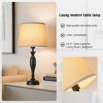 22.6" Table Lamp, 2Pcs Modern Bedside Lamps Desk Reading Light for Living Room Nightstand Bedroom Dormitory Home Office, Black