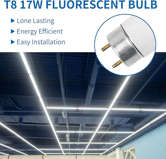 8 Pack 24 Inch F17T8/CW Fluorescent Light Bulb, T8 17 Watt, 4100K Cool White, T8 2FT Fluorescent Replacement Tube, G13 Medium Bi-Pin Base