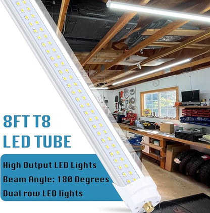 (12-Pack),T8/T10/T12 8FT LED Tube Light, Single Pin FA8 Base, 100W 6000LM 15000K Cold White, 180 Degree Flat Shaped LED Fluorescent Bulb (250W Equiv.), Clear Cover, Dual-Ended Power