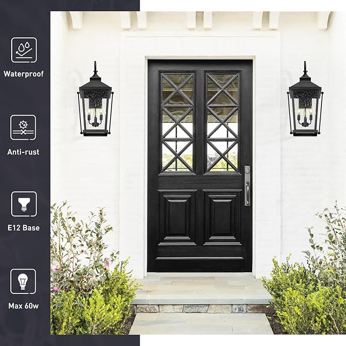 zeyu 27 Inch Outdoor Wall Lamp, 3-Light Large Outdoor Wall Lighting for House Porch, Die-Cast Aluminum in Black Finish, Seeded Glass, ZW105B-L BK