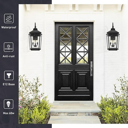zeyu 27 Inch Outdoor Wall Lamp, 3-Light Large Outdoor Wall Lighting for House Porch, Die-Cast Aluminum in Black Finish, Seeded Glass, ZW105B-L BK
