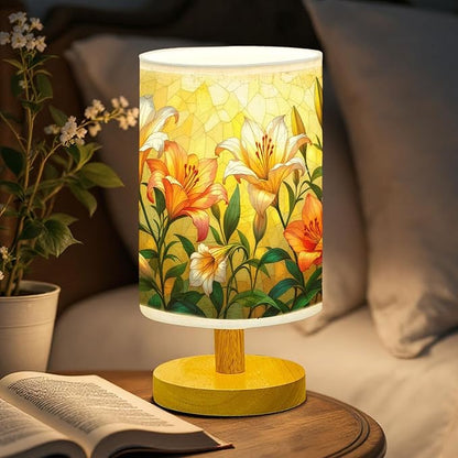 Lily Table Lamp LED 3-Color Pressed Bedside, Lily Shade Lamp with Wood Base for Bedroom Living Room Desk Office