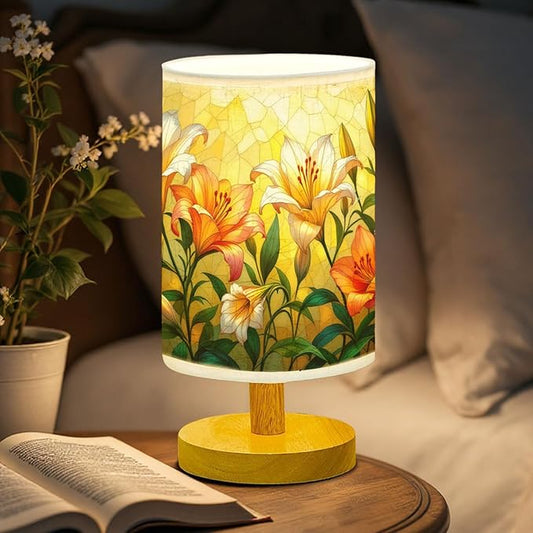 Lily Table Lamp LED 3-Color Pressed Bedside, Lily Shade Lamp with Wood Base for Bedroom Living Room Desk Office