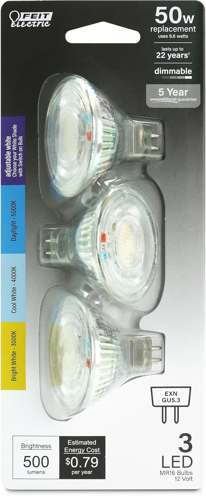 Feit Electric MR16 LED Reflector Light Bulb, 50W Equivalent, Dimmable, GU5.3 Base, 90+ CRI, 500 Lumen, Adjustable Color Track Lighting, 25,000-Hour Lifespan, BPEXN/3CCTCA/3/6, 18-Pack