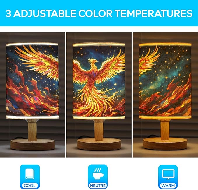 Phoenix Table Lamp LED 3-Color Pressed Bedside, Phoenix Shade Lamp with Wood Base for Bedroom Living Room Desk Office TL01