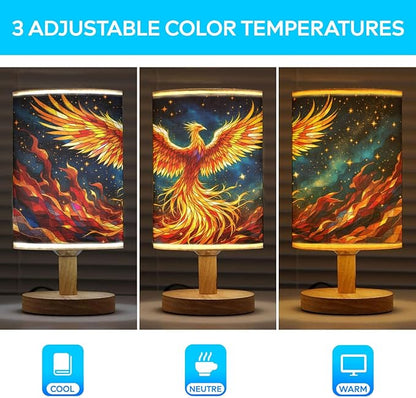 Phoenix Table Lamp LED 3-Color Pressed Bedside, Phoenix Shade Lamp with Wood Base for Bedroom Living Room Desk Office TL01