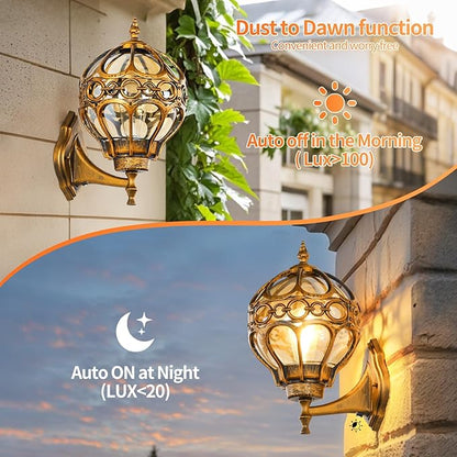 Globe Outdoor Wall Lights with Dusk to Dawn Sensor,Waterproof Gold Sphere Outside Wall Light Fixtures, Anti-Rust Exterior Aluminum Round Porch Lights for Patio Porch Backyard Garage，Large
