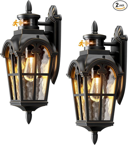 Motion Sensor Outdoor Lights 2 Pack, Dusk to Dawn Outdoor Wall Lights with 220° Detection & 3 Modes, IP65 Waterproof Exterior Lighting Fixtures for House Porch Patio Garage (Gold Trim)