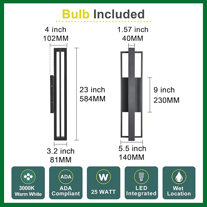 23-inch Modern Large Outdoor Waterproof LED Wall Light,Concealed Lighting Design,IP65 25W 3000K, ADA Compliant,Outdoor Lantern Lights for Porch,Patio,Living Room,Garage,Commercial Plaza