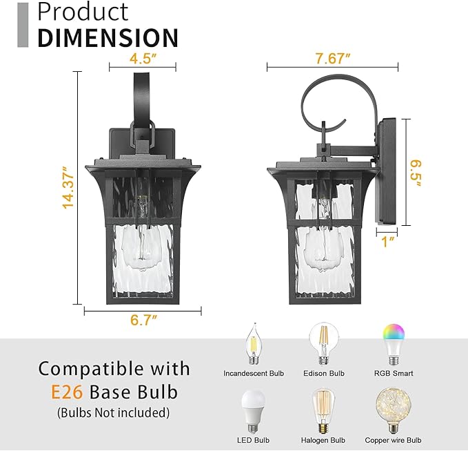 Darkaway Outdoor Wall Light,Exterior Lighting Fixtures Wall Mount Porch Lights Waterproof Outside Sconce with Water Ripple Glass for Patio Hallway Garage Front Door