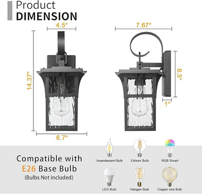 Darkaway Outdoor Wall Light,2pcs Exterior Lighting Fixtures Wall Mount Porch Lights Waterproof Outside Sconce with Water Ripple Glass for House Patio Hallway Garage