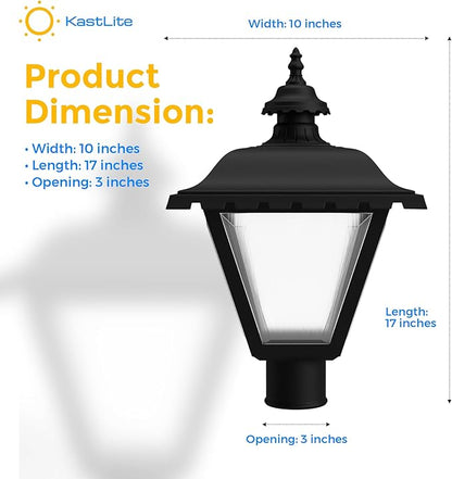 KASTLITE Black Outdoor Lamp Post Fixture - Fits 3" Light Poles for Outside Lighting - Waterproof E26 Base Lantern for Yard Patio Deck Garden Porch Mailbox Driveway & Street Lights - USA Made, Tudor