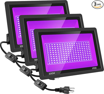 300W Black Light, LED Blacklight with US Plug & Switch, Black Lights for Glow None Party, Halloween, Body Painting, Fluorescent Painting, Tapestry (3 Pack)