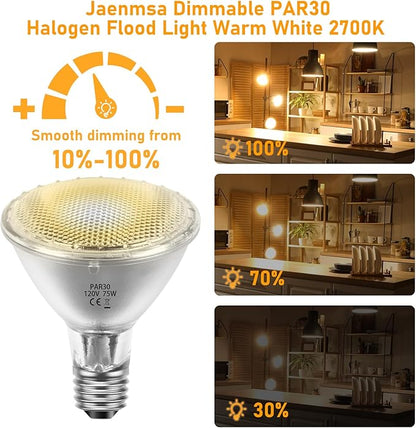75W Par30 Halogen Flood Light Bulbs 120V,Par30 Long Neck Halogen Bulbs E26 Base,Dimmable 2700K Warm White Halogen Light Bulb 6 Pack for 5-6in Recessed/Ceiling Cans/Accent/Tracking Lighting