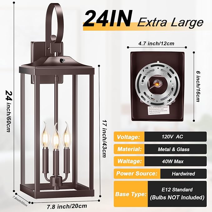 24" Extra Large Dusk to Dawn Outdoor Wall Light, Oil Rubbed Bronze 3-Light Waterproof Exterior Wall Mount Porch Lantern, Modern Outside Wall Sconce Coach Light Brown, E12, 1-Pack