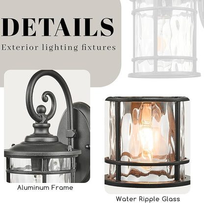 Outdoor Wall Lamps Exterior Waterproof Wall Sconce Light Fixture with Water Ripple Glass Die-Casting Aluminum Black Waterproof Wall Mount Light for Porch Garage Yards