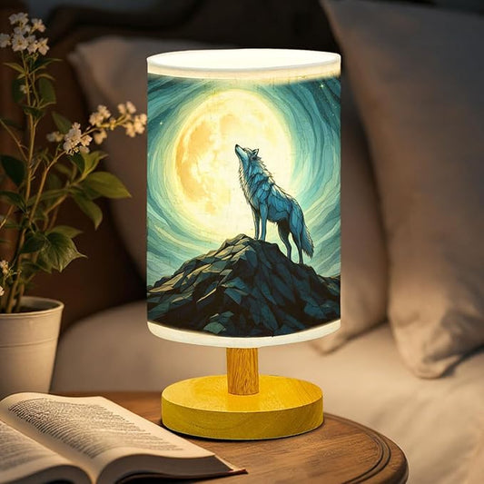 Wolf Table Lamp LED 3-Color Pressed Bedside, Wolf Shade Lamp with Wood Base for Bedroom Living Room Desk Office TL01