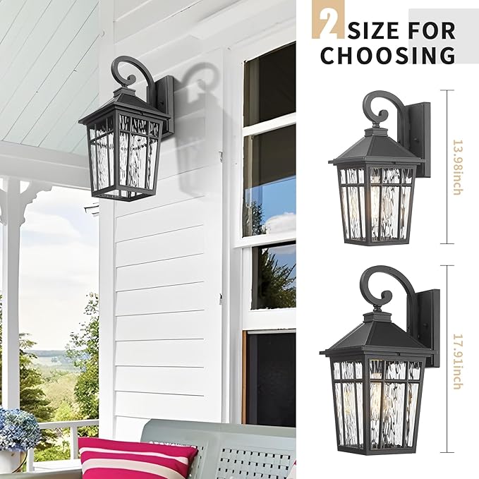 Darkaway 2pcs Large Outdoor Wall Lights for House, 18inch Exterior Lighting Fixtures Wall Mount Outdoor Porch Lights Black Outside Sconce Lights with Water Ripple Glass for Patio Garage Hallway