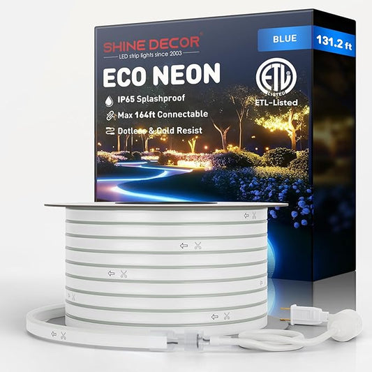 Shine Decor LED Rope Lights AC 120V, Connectable & Cuttable Dotless 120LEDs/M Eco Neon Strip Lighting, ETL IP65 Waterproof & Weather-Resistant for Home Commercial, 8x16mm, Blue, 131.2FT