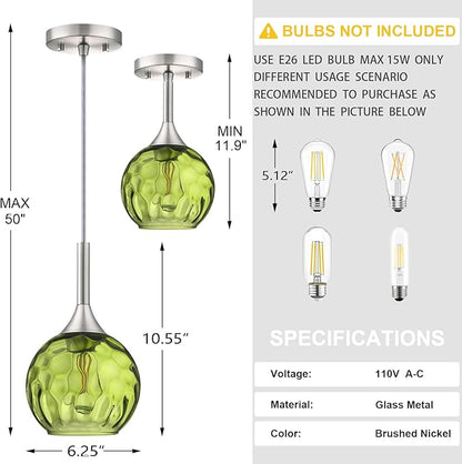 6.3" Dark Green Hammer Glass Pendant Light 3 Pack Pendant Ceiling Light Fixture Brushed Nickel Finish Modern Farmhouse Dinning Over Sink Adjustable Height Cord