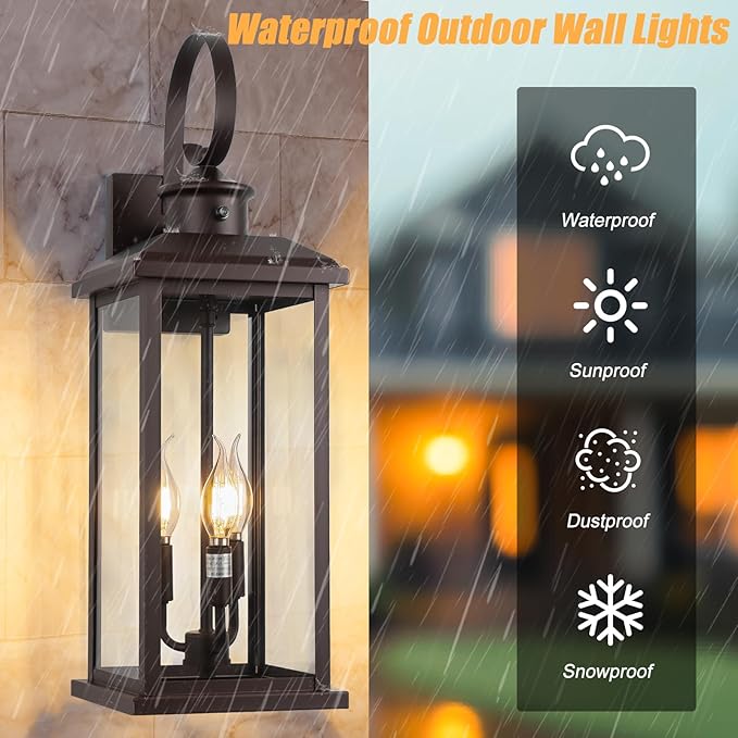 2Pack Dusk to Dawn Outdoor Wall Light Fixture, 24in Bronze Large 3-Light Modern Porch Lantern, Waterproof Exterior Lighting Sconce Wall Mount, Outside Lamp for House Garage Patio E12 Base