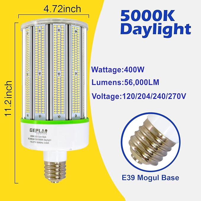 GEPLAD 400W LED Corn Cob Light Bulb, E39 Mogul Base Bulbs, 5000K Daylight 56,000LM(Eqv.1,200w Mh/Hps/Hid), for Street, Shop,Warehouse,Park lot Lighting(Non-Dimmable)