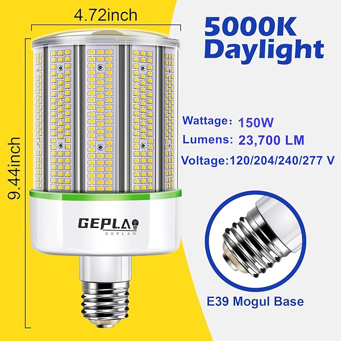 GEPLAD 1500 Watt Replacement LED Corn Bulb, 150 Watt E39 Mogul Base, 23,700 Lumens, 5000K Daylight, (Not Dimmable) 2-Pack