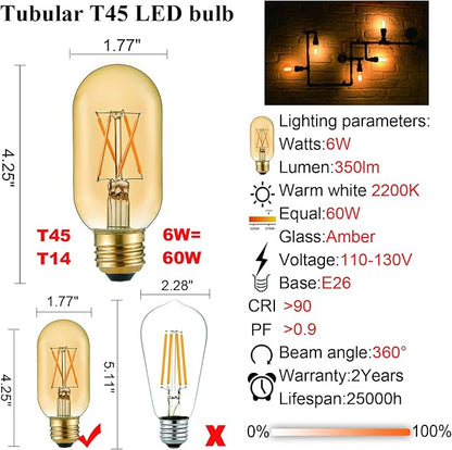 LiteHistory E26 LED Bulb 6W Equivalent E26 Bulb 60 watt Warm White 2200K Amber E26 Edison Bulb dimmable AC120V 400lm Tubular T14 T45 LED Bulb for Pendant, Sputnik,Vanity,Wall sconces Pack of 6
